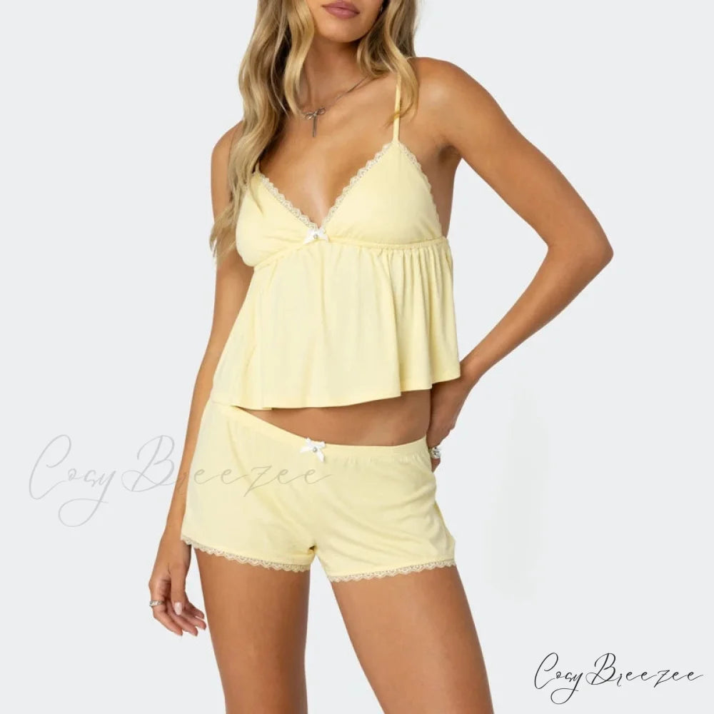 Sleeveless V Neck Cami Babydoll Crop Top Lace Trim Shorts Two Pieces Set Yellow / S twopiecesset-250126