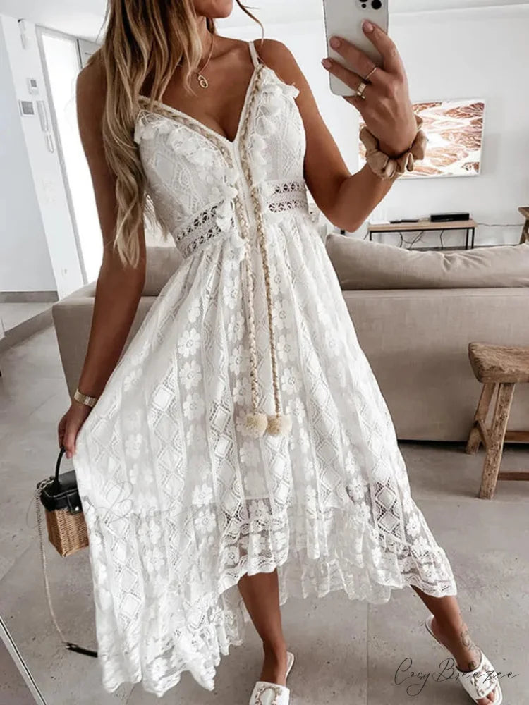 Sleeveless V-neck Dress with Tassel Ruching