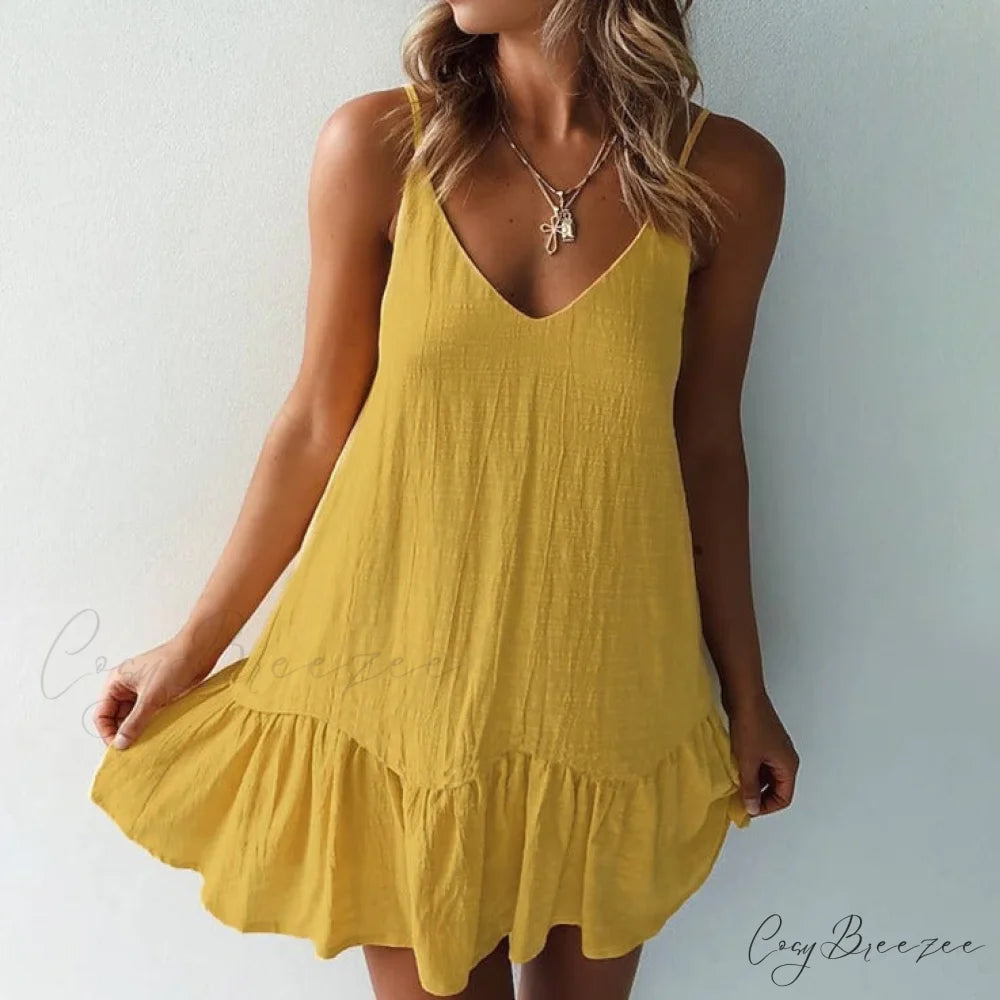 Sleeveless V-Neck Mini Dress for Women Yellow / S