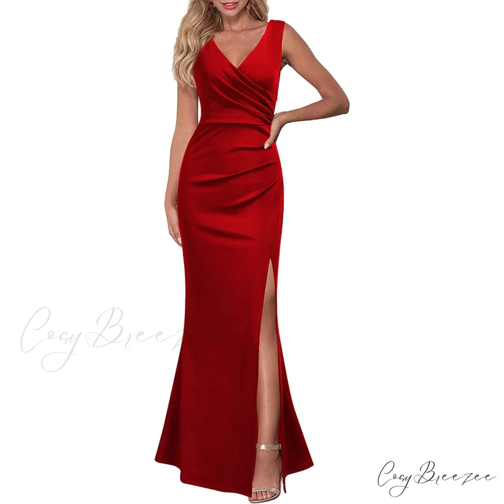 Sleeveless V Neck Split Evening Cocktail Long Dress for Women Red / S