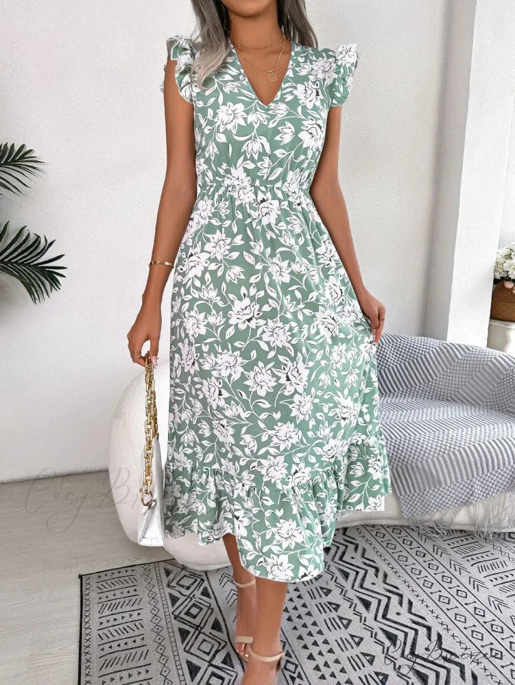 Sleeveless V Neck Summer A Line Midi Dress Boho Dress