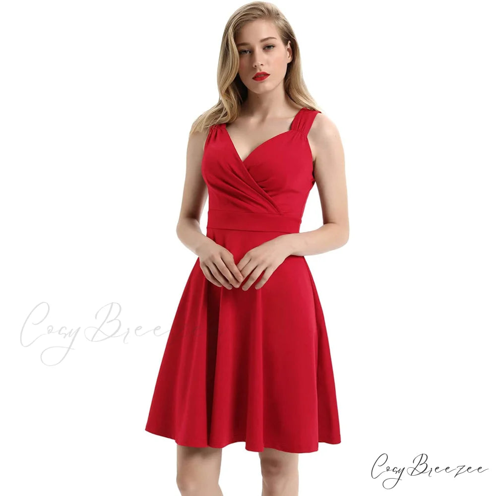 Sleeveless Wrap V-Neck A-line Bridesmaid Cocktail Party Dress for Women