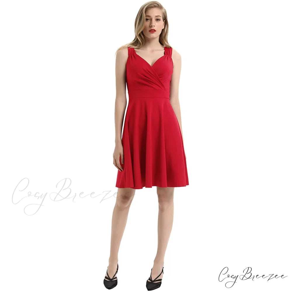 Sleeveless Wrap V-Neck A-line Bridesmaid Cocktail Party Dress for Women
