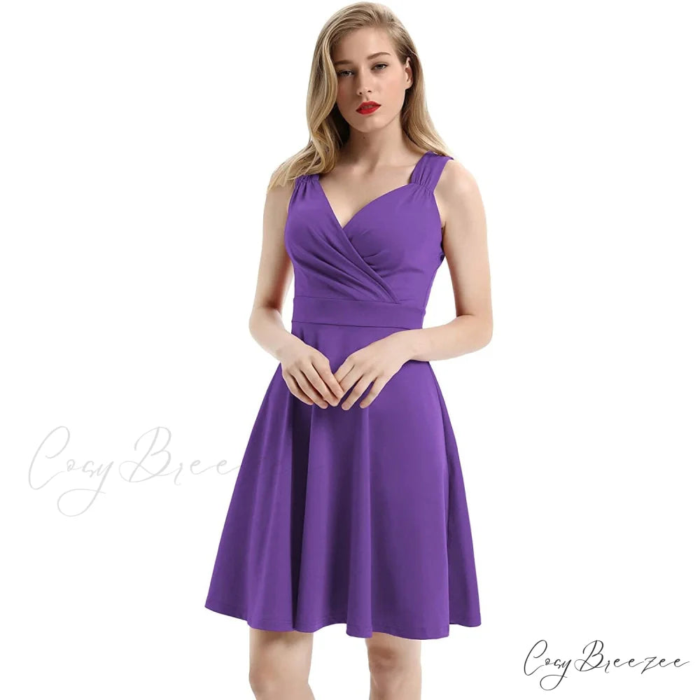 Sleeveless Wrap V-Neck A-line Bridesmaid Cocktail Party Dress for Women