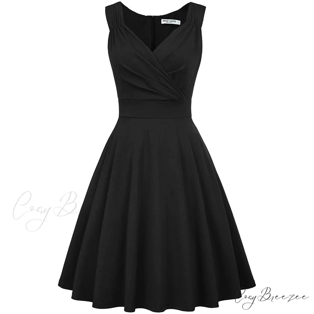 Sleeveless Wrap V-Neck A-line Bridesmaid Cocktail Party Dress for Women Black / S