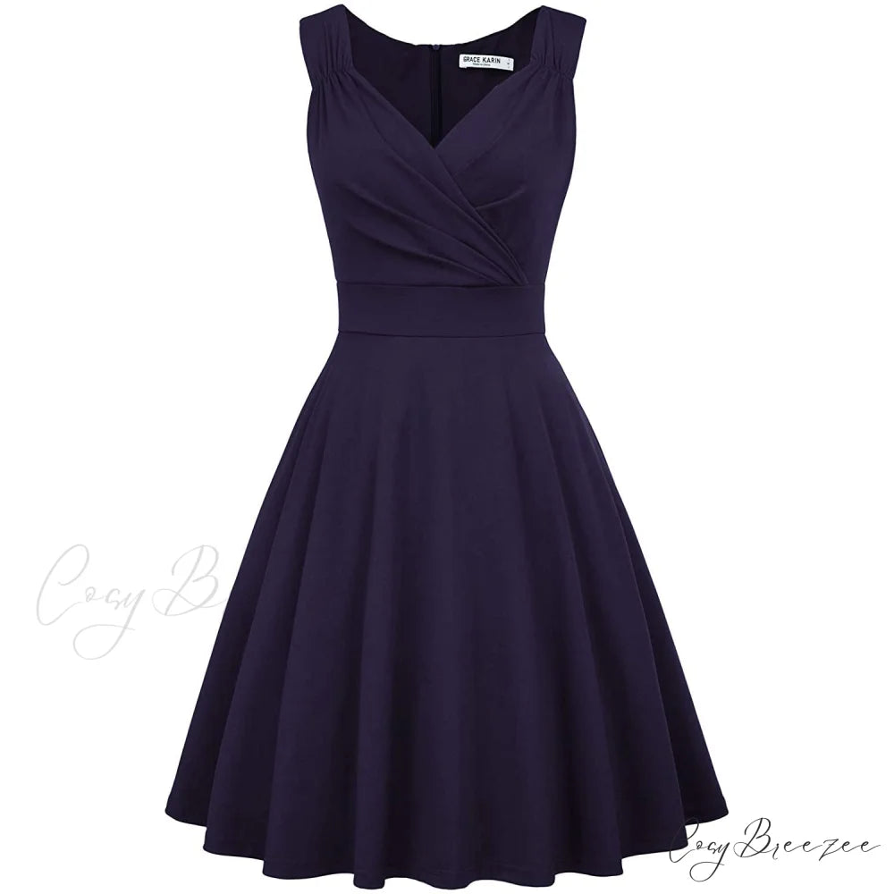 Sleeveless Wrap V-Neck A-line Bridesmaid Cocktail Party Dress for Women Navy Blue / S