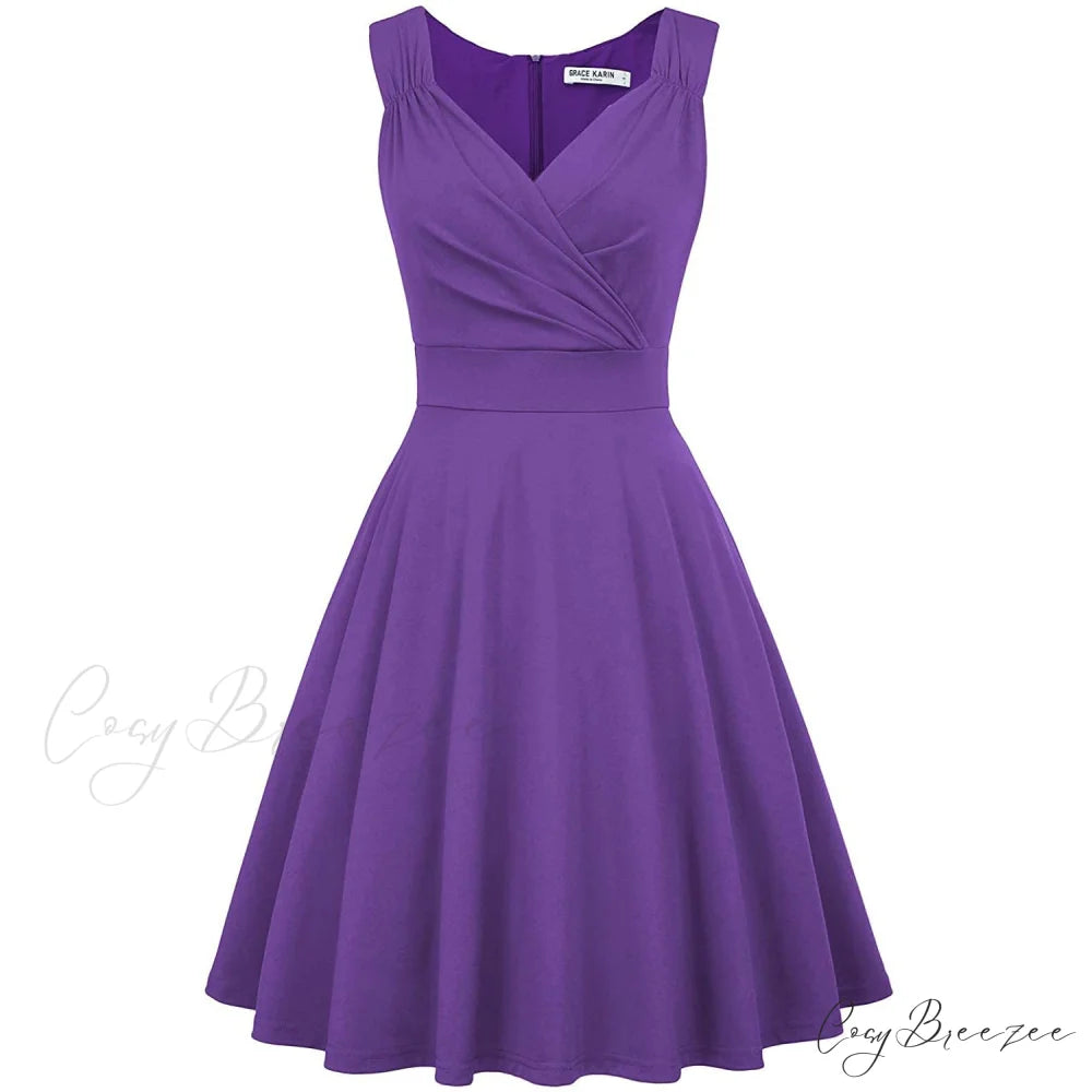 Sleeveless Wrap V-Neck A-line Bridesmaid Cocktail Party Dress for Women Purple / S