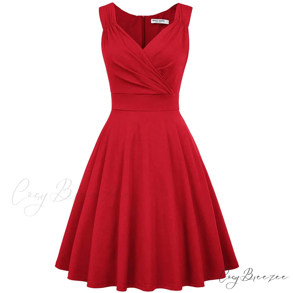 Sleeveless Wrap V-Neck A-line Bridesmaid Cocktail Party Dress for Women Red / S