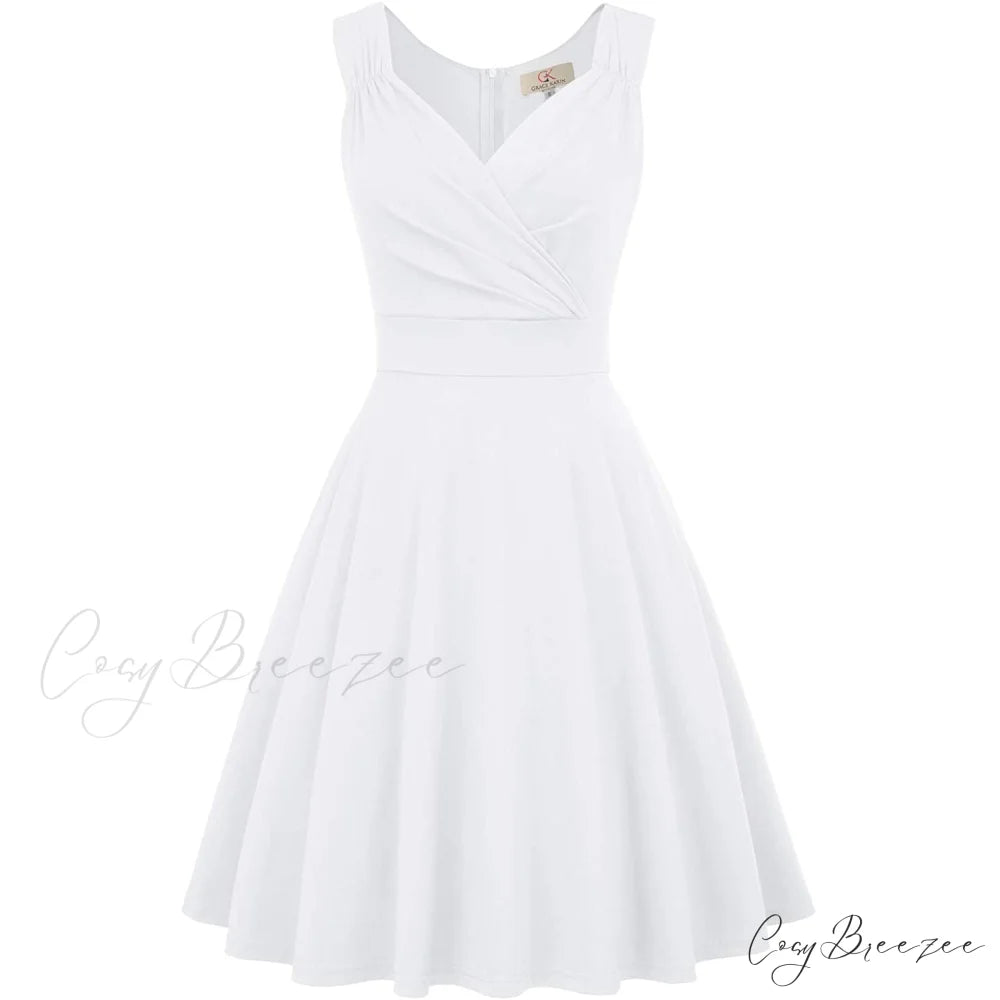 Sleeveless Wrap V-Neck A-line Bridesmaid Cocktail Party Dress for Women White / S