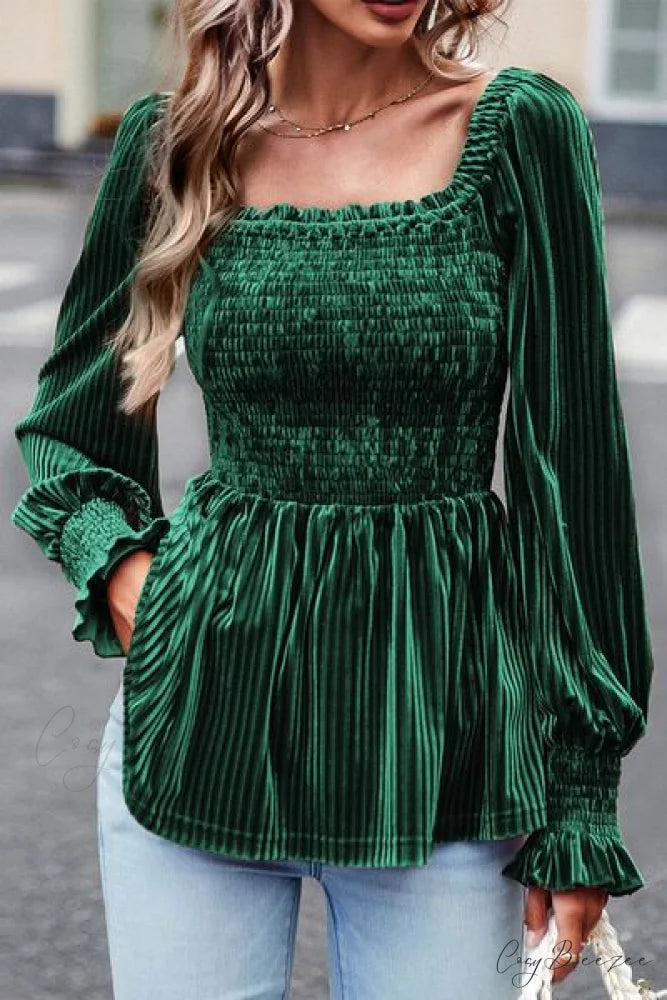 Sleeves Arm The with Top Lantern Detail Peplum for Off Smocked Velvet Long and Shoulder Women Green / S
