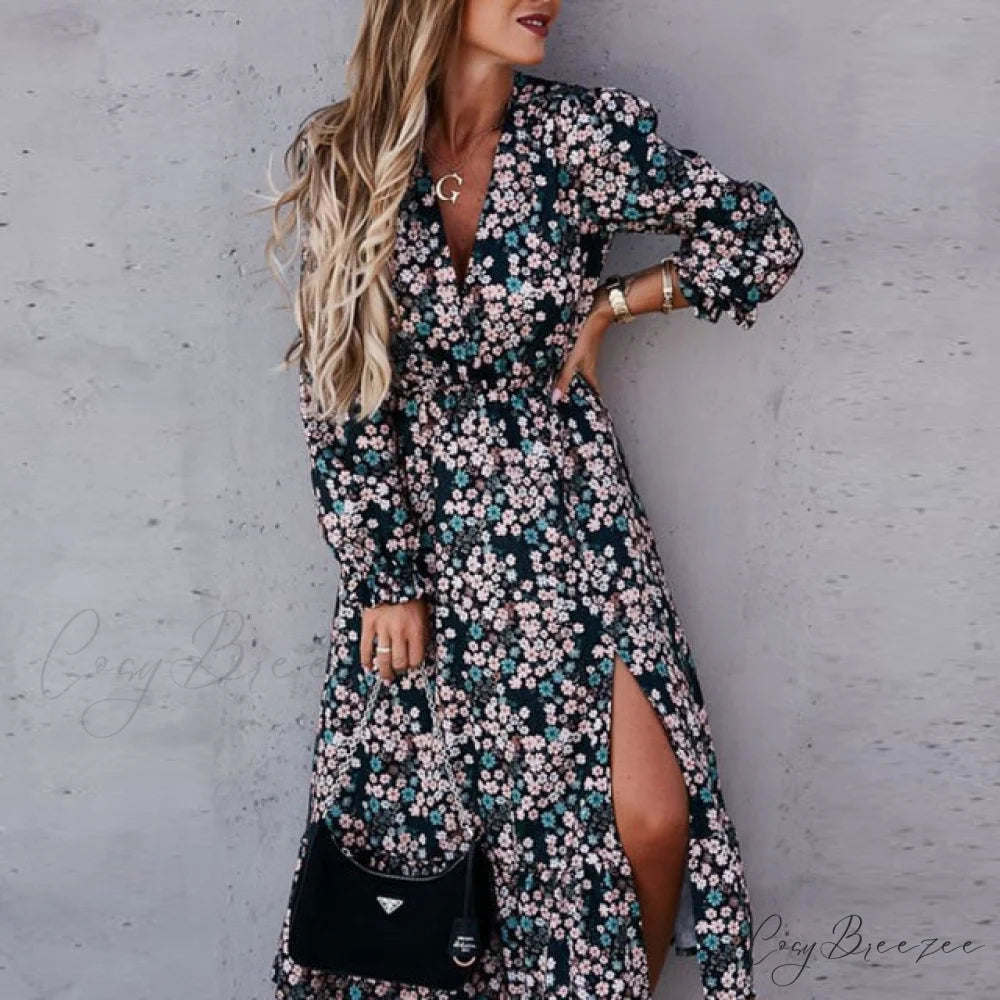 Slim Autumn Gown Party Elegant - Side - Neck Slit Flowered Women’s Design Arm Fit V Long Elastic Spring Waist Vestidos