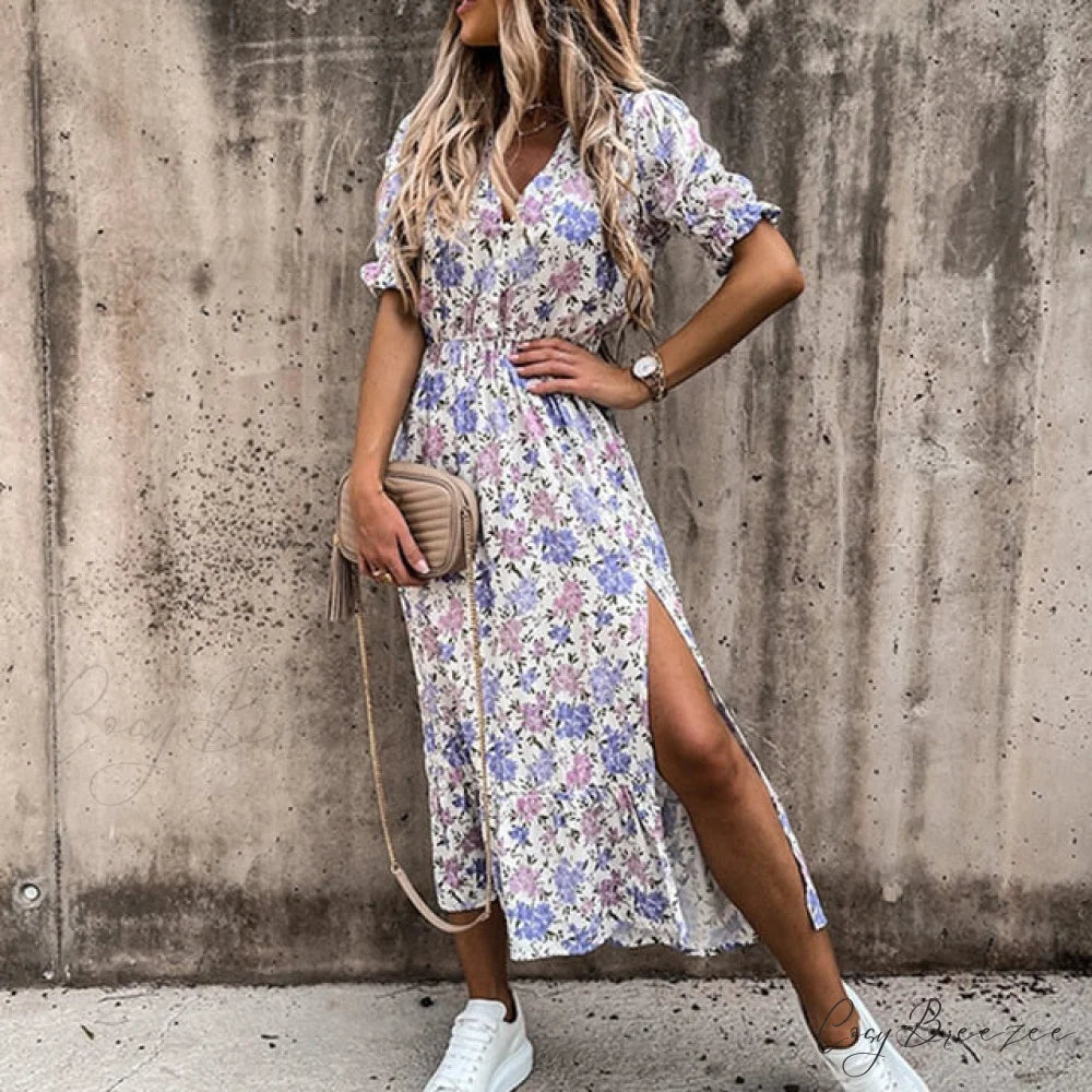 Slim Autumn Gown Party Elegant - Side - Neck Slit Flowered Women’s Design Arm Fit V Long Elastic Spring Waist Vestidos