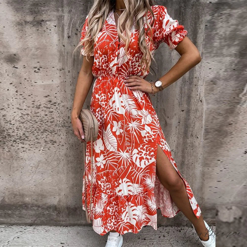 Slim Autumn Gown Party Elegant - Side - Neck Slit Flowered Women’s Design Arm Fit V Long Elastic Spring Waist Vestidos
