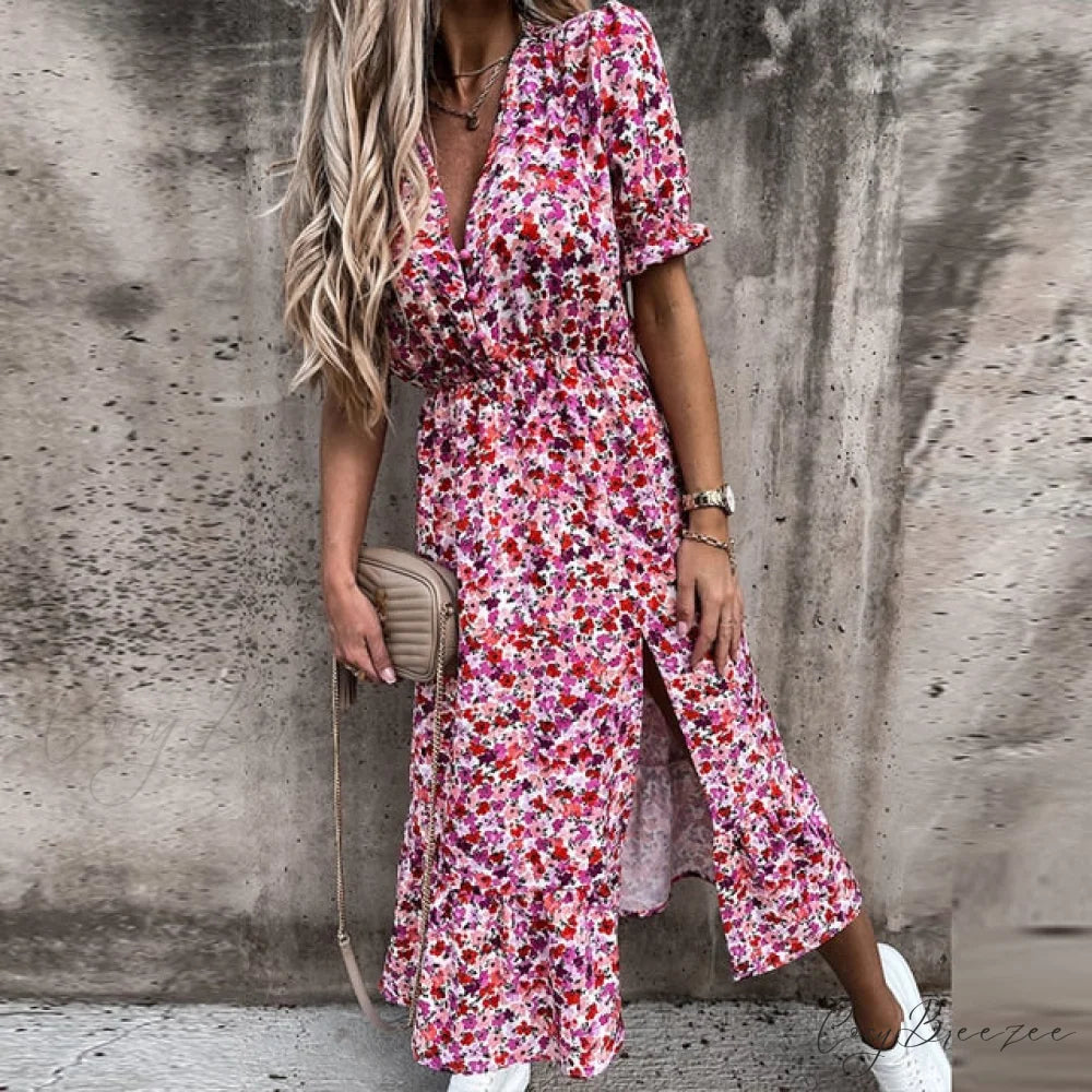 Slim Autumn Gown Party Elegant - Side - Neck Slit Flowered Women’s Design Arm Fit V Long Elastic Spring Waist Vestidos