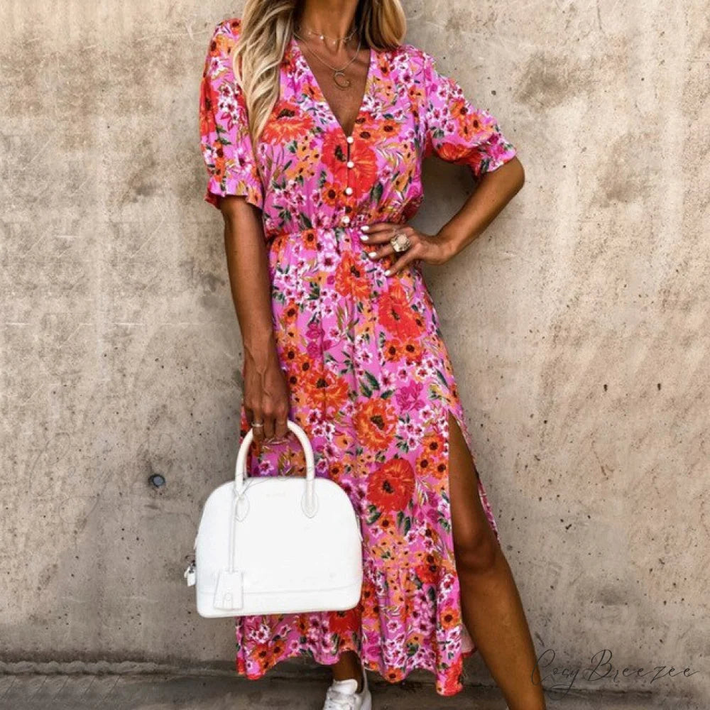 Slim Autumn Gown Party Elegant - Side - Neck Slit Flowered Women’s Design Arm Fit V Long Elastic Spring Waist Vestidos