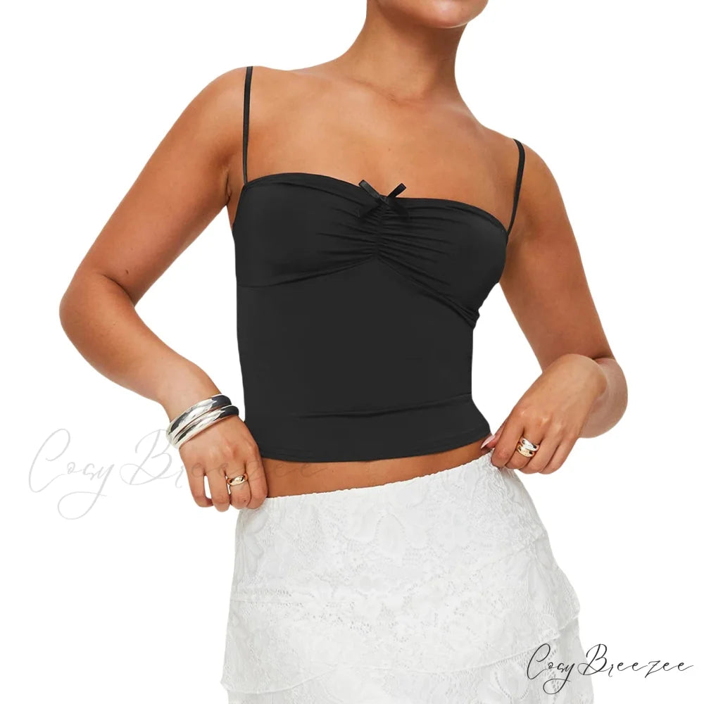 Slim Fit 3D Bow Ruched Sweetheart Neck Backless Spaghetti Strap Stylish Elegant Crop Top Black / S