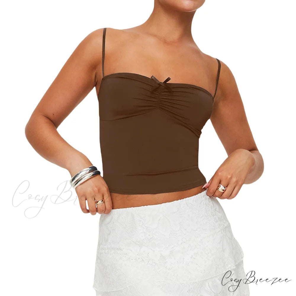Slim Fit 3D Bow Ruched Sweetheart Neck Backless Spaghetti Strap Stylish Elegant Crop Top Coffee / S