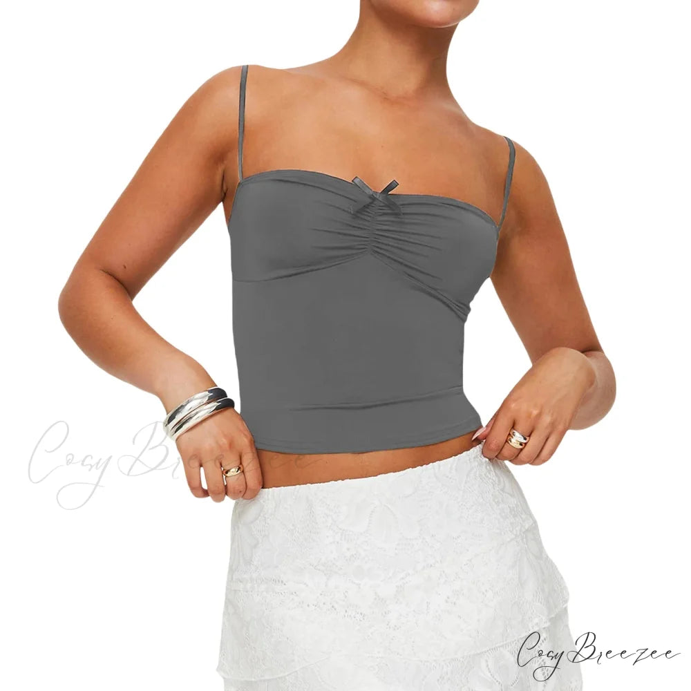 Slim Fit 3D Bow Ruched Sweetheart Neck Backless Spaghetti Strap Stylish Elegant Crop Top Dark Grey / S