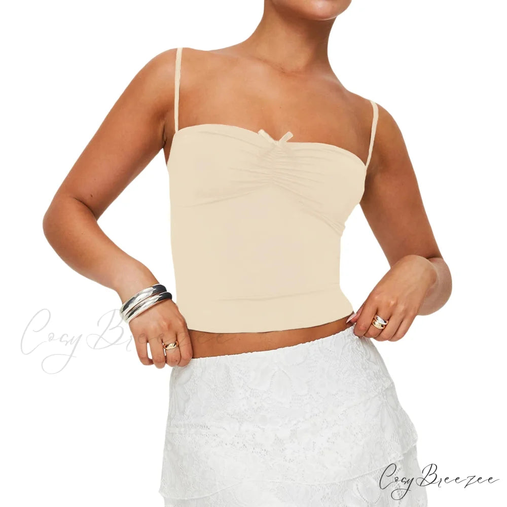 Slim Fit 3D Bow Ruched Sweetheart Neck Backless Spaghetti Strap Stylish Elegant Crop Top Khaki / S