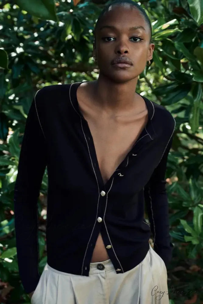Slim Fit Contrast Edge Round Neck Cardigan Black / S cardigans-241228