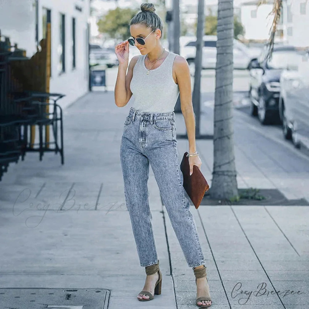 Slim Fit High-Waist Vintage Streetwear Casual Blue Denim Jean