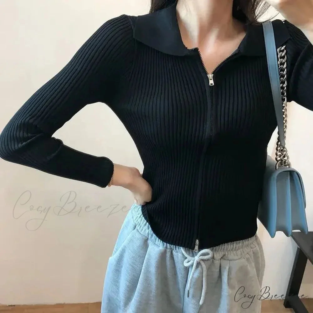 Slim Fit Polo Collar Double-Headed Zipper Knitted Cardigan cardiagn-250126