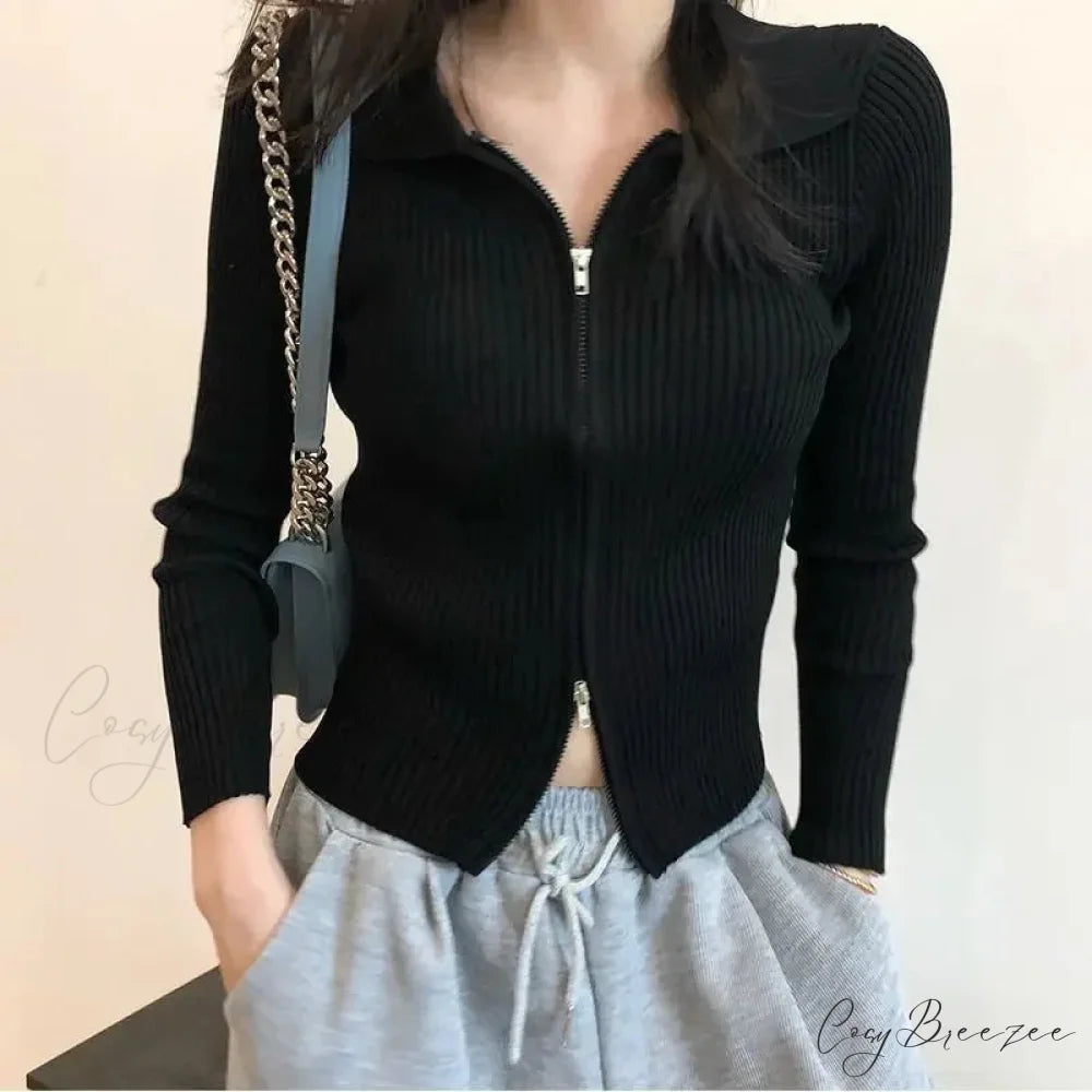 Slim Fit Polo Collar Double-Headed Zipper Knitted Cardigan cardiagn-250126