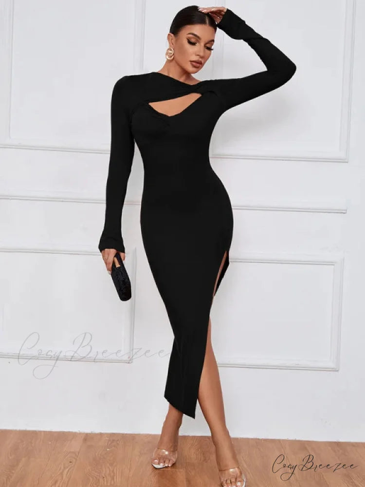 Slim Fit Split Long Sleeve Dress L / red