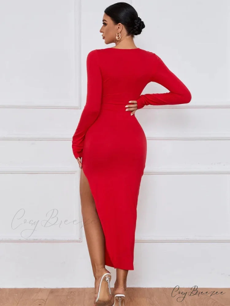Slim Fit Split Long Sleeve Dress M / red