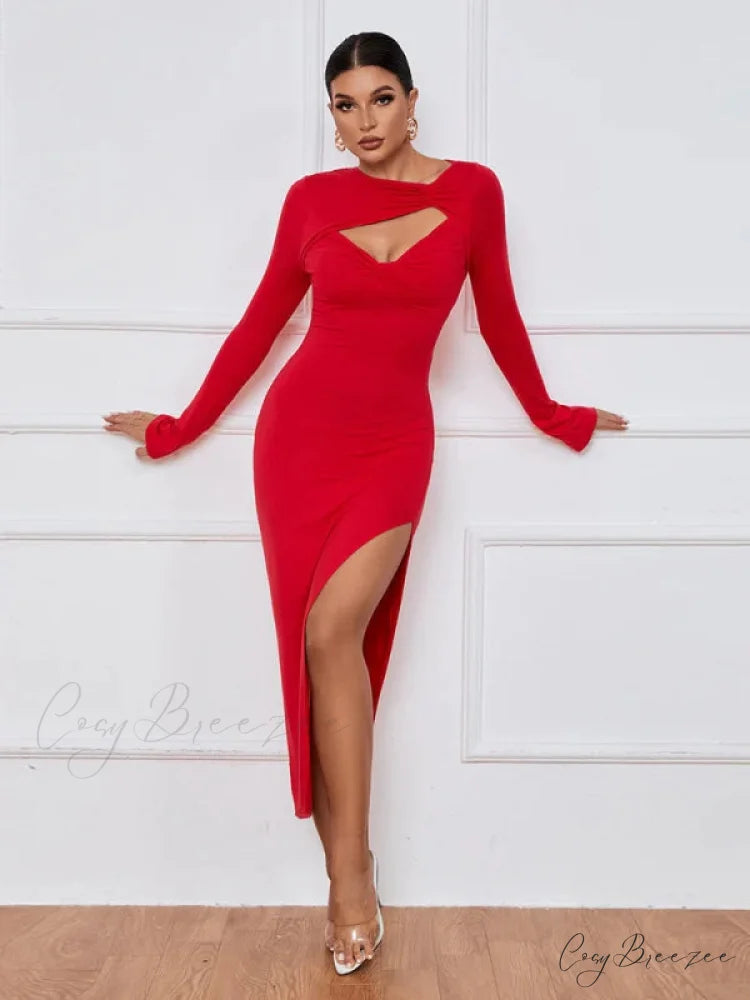 Slim Fit Split Long Sleeve Dress S / black