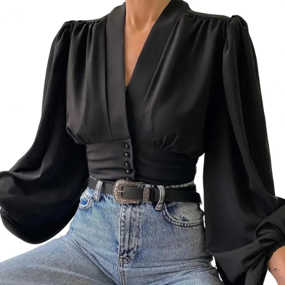 Slim-fit V-neck Cropped Puffy Sleeve Blouse Black / M blouse-250126