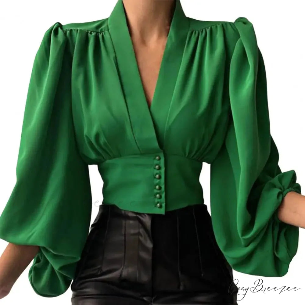Slim-fit V-neck Cropped Puffy Sleeve Blouse Green / M blouse-250126