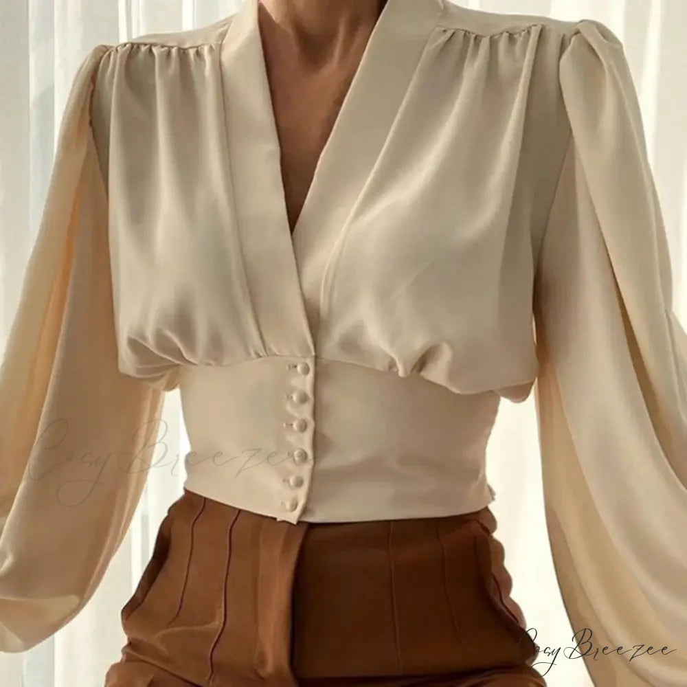 Slim-fit V-neck Cropped Puffy Sleeve Blouse Khaki / M blouse-250126