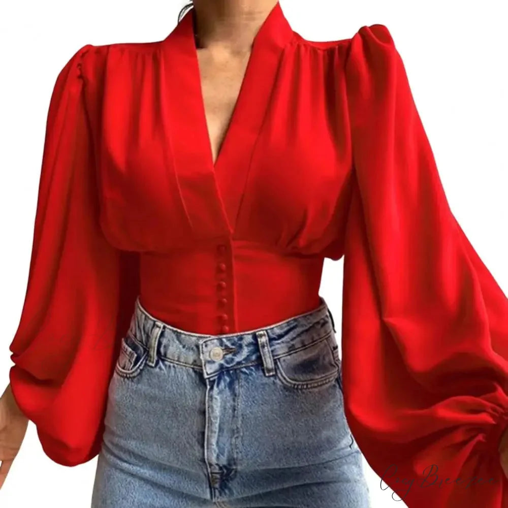 Slim-fit V-neck Cropped Puffy Sleeve Blouse Red / M blouse-250126