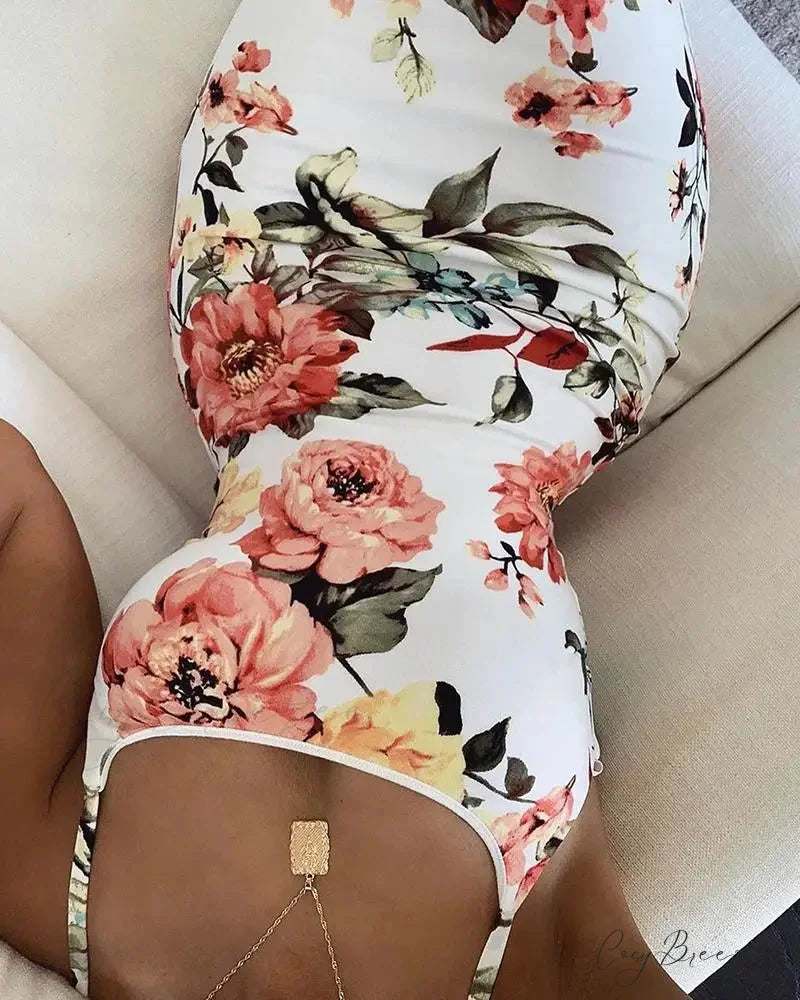 Slim Floral Print Cami Bodycon Evening Dress WHITE / S floraldress-250126