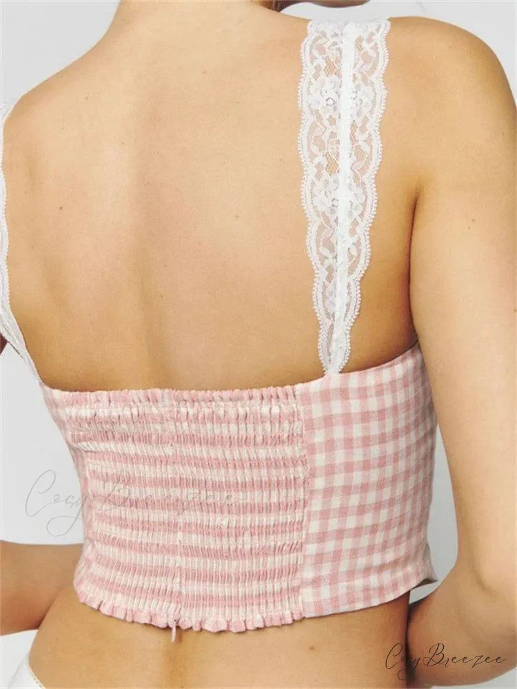 Slim Lace Strap Plaid Floral Print Crop Top croptop-250126