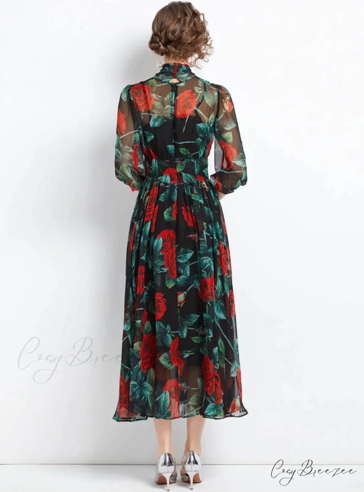 Slim Long Sleeve Chiffon Dress with Rose Print