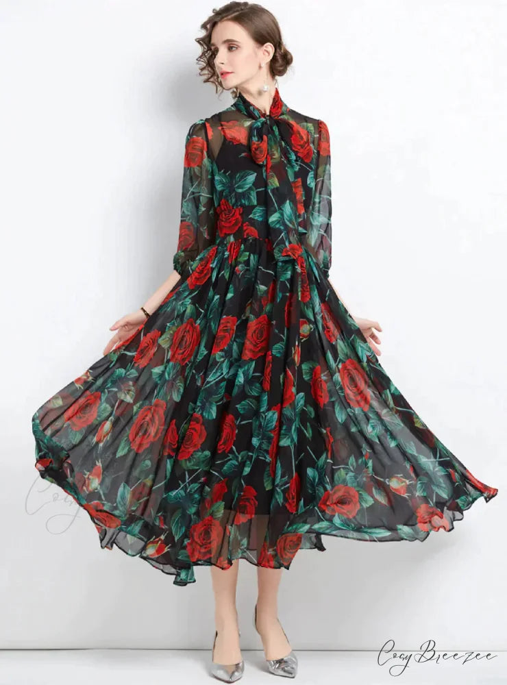 Slim Long Sleeve Chiffon Dress with Rose Print