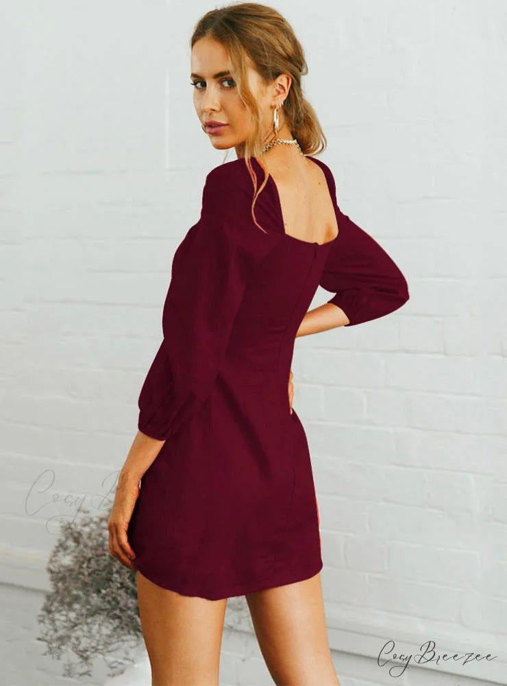 Slim Long Sleeve Dress with Square Collar M / Black