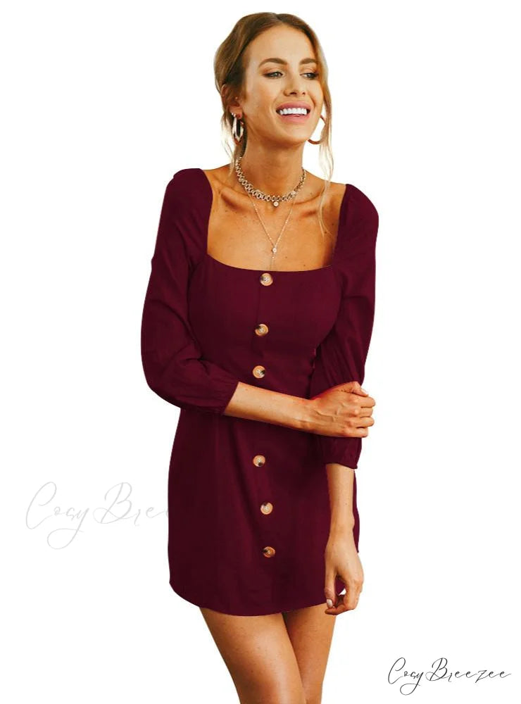 Slim Long Sleeve Dress with Square Collar M / Green