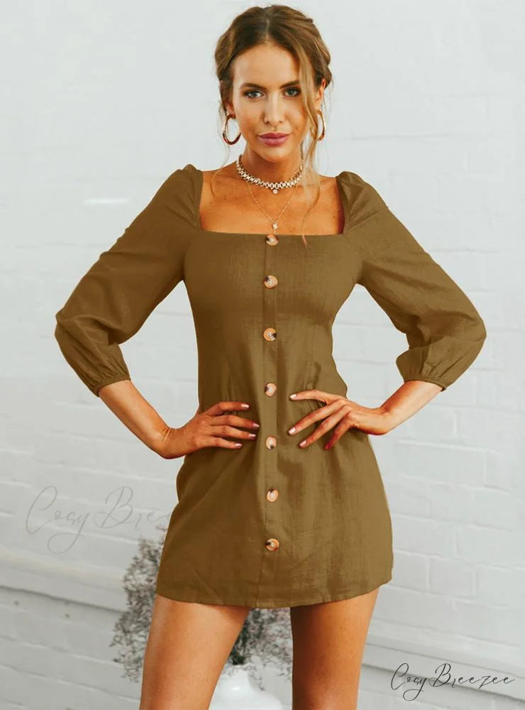 Slim Long Sleeve Dress with Square Collar S / Wine Red