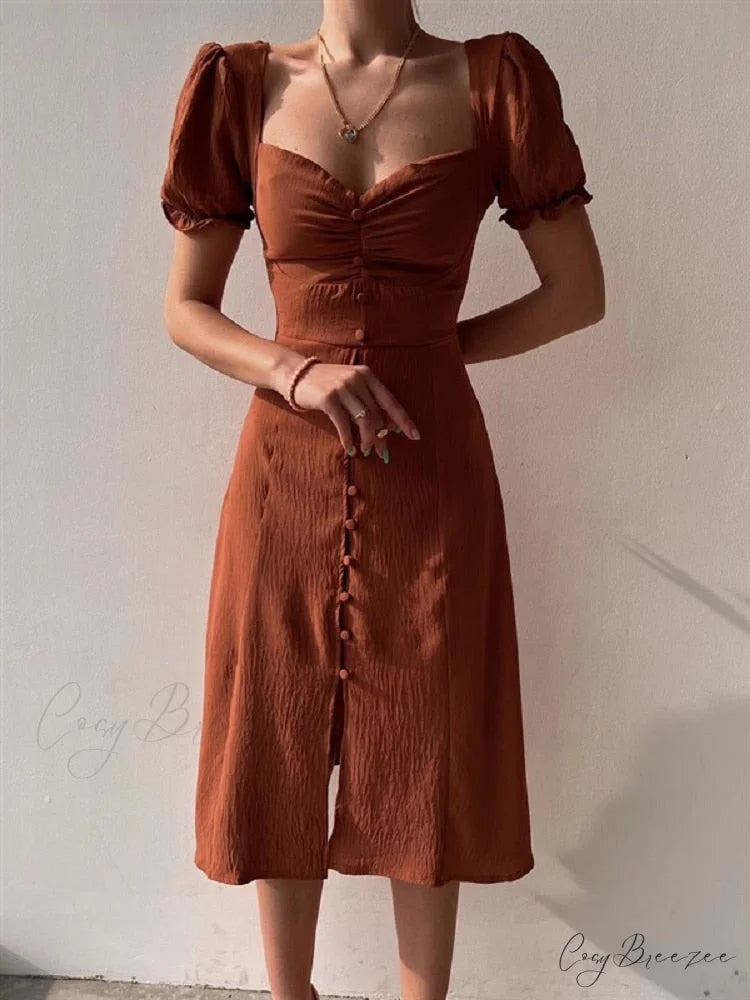 Slim Neck Slit Puff Midi Arm Casual V Party Black Women Elegant A-line Button Warm-Season Gown Dress Coffee / S