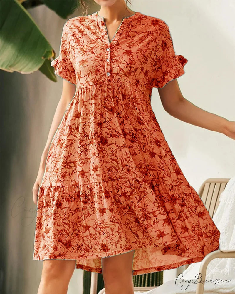 Slim Slip Dress with Rose Print Orange / S