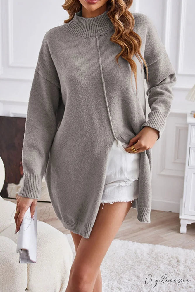 Slit-front Sweater with Turtleneck Detail Grey / L
