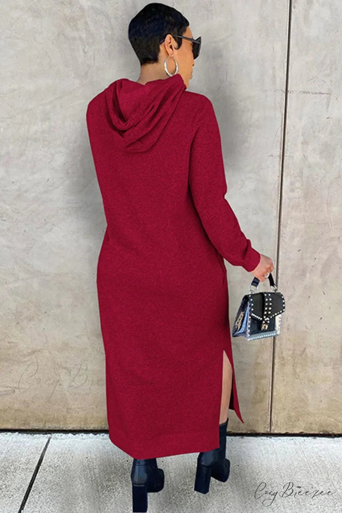 Slit Hem Hoodie Dress Wine Red / XL