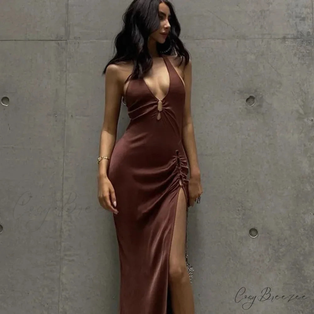 Slit Long Skirt V-neck Maxi Dress