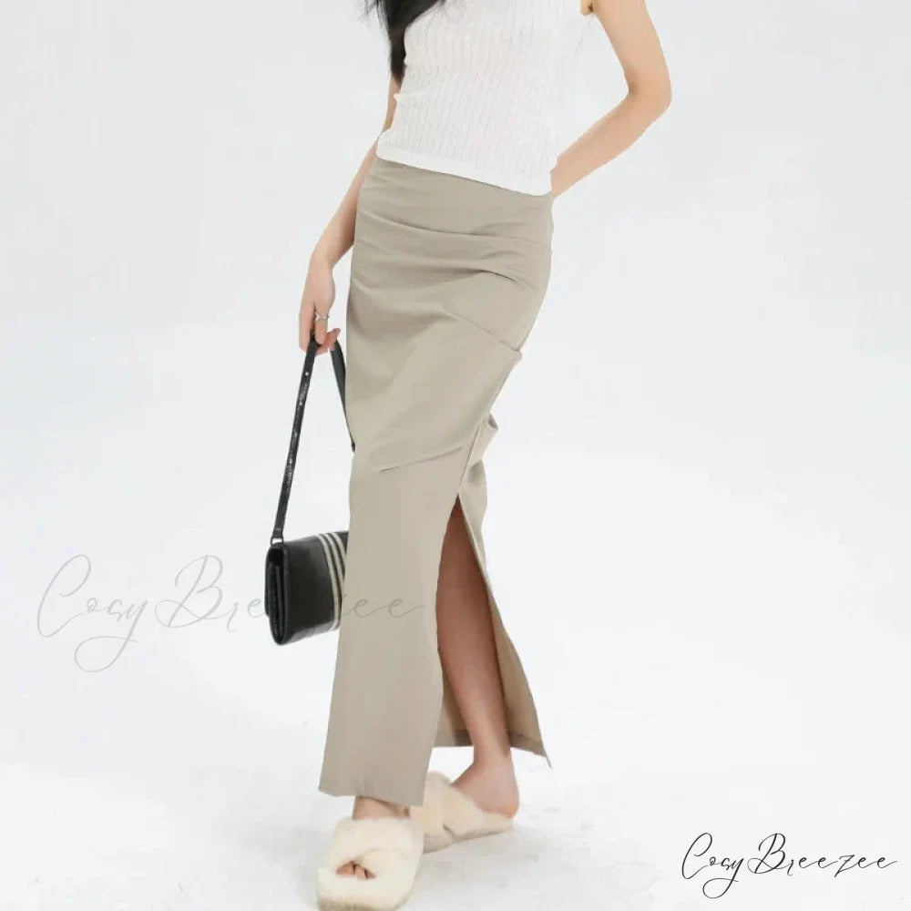 Slit Pleated Solid Long Skirt Vintage Korean Casual Skirt
