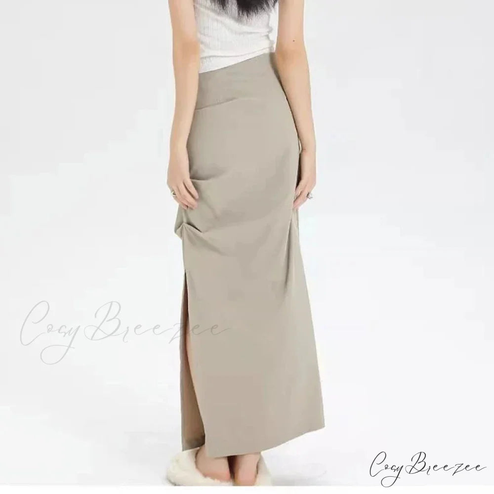 Slit Pleated Solid Long Skirt Vintage Korean Casual Skirt
