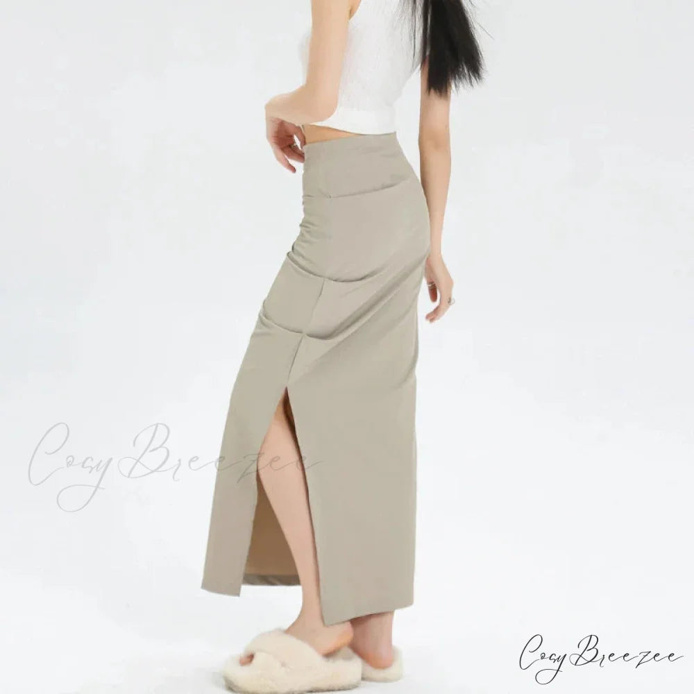 Slit Pleated Solid Long Skirt Vintage Korean Casual Skirt