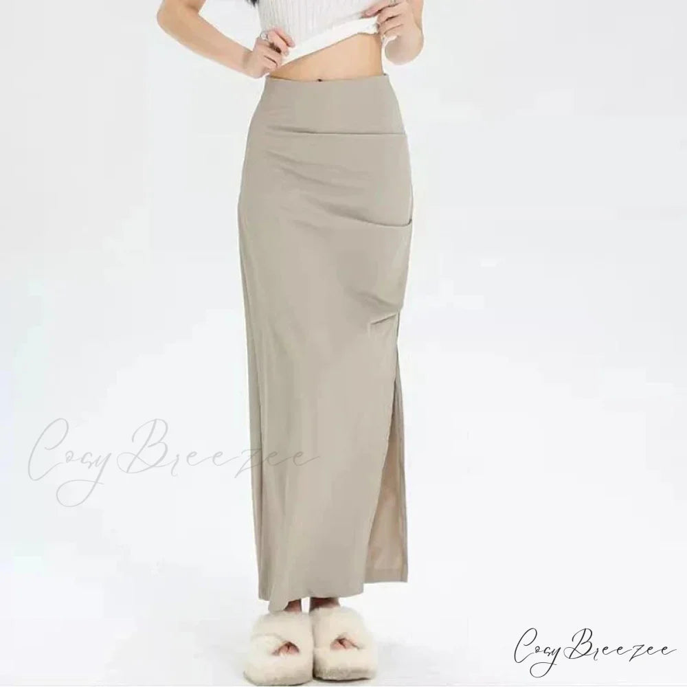 Slit Pleated Solid Long Skirt Vintage Korean Casual Skirt